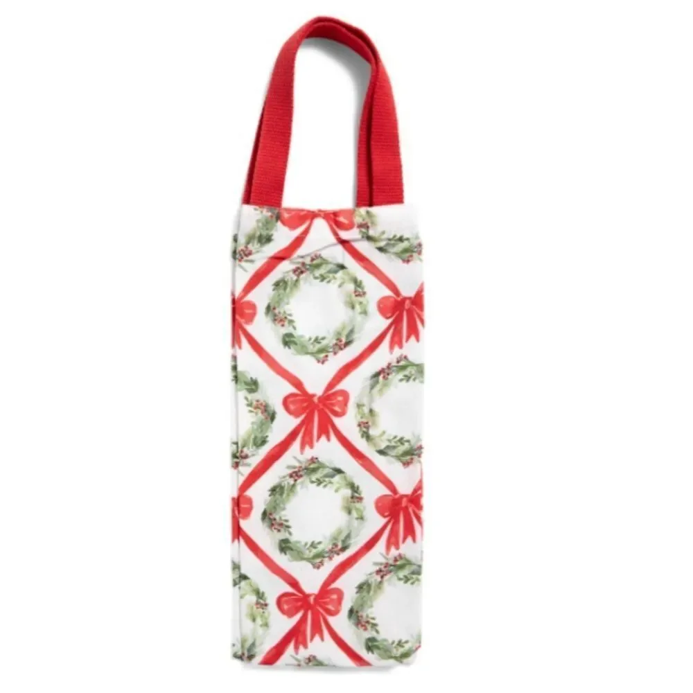 Sincerely Santa White Red Green Christmas Wreath Red Bow Canvas Wine Gift Bag